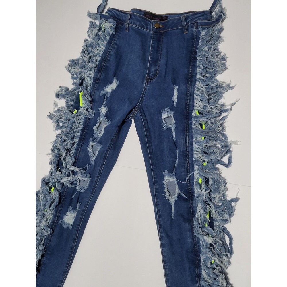 Purple Candy Womens Juniors Med High Rise Distressed Denim Fringe Flares